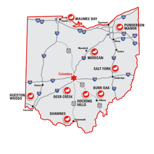 Map of Ohio highlighting locations of state parks and lodges, including Maumee Bay, Punderson Manor, Mohican, Salt Fork, Burr Oak, Hocking Hills, Shawnee, Deer Creek, and Hueston Woods, with Columbus marked in the center.