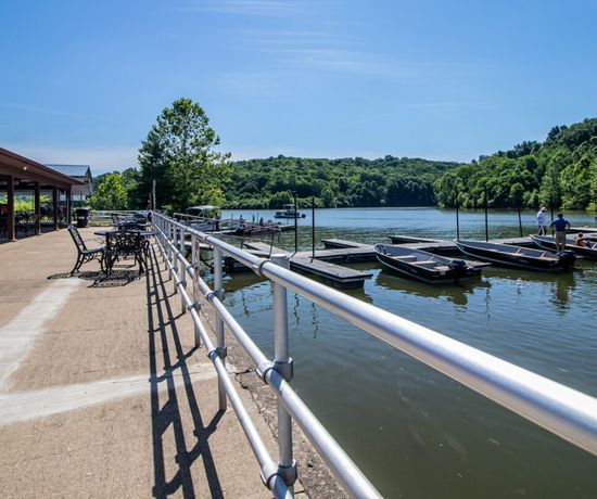 A lakeside marina with rows of small boats docked by the water, outdoor tables and chairs along a paved walkway, trees in the background, and clear blue sky overhead.