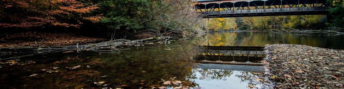 A calm river flows under a covered wooden bridge, surrounded by autumn trees with orange, yellow, and green leaves. Fallen leaves and branches float on the water, and the bridge is reflected in the river.