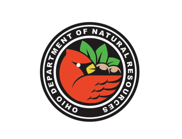 Logo of the Ohio Department of Natural Resources featuring a red cardinal with green leaves and acorns, encircled by the department’s name in white letters on a black background.