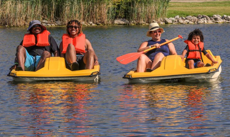 Two adults and two children, all wearing orange life jackets, smile while riding yellow pedal boats on a lake, with reeds and grassy shore in the background. One adult paddles with an orange oar.