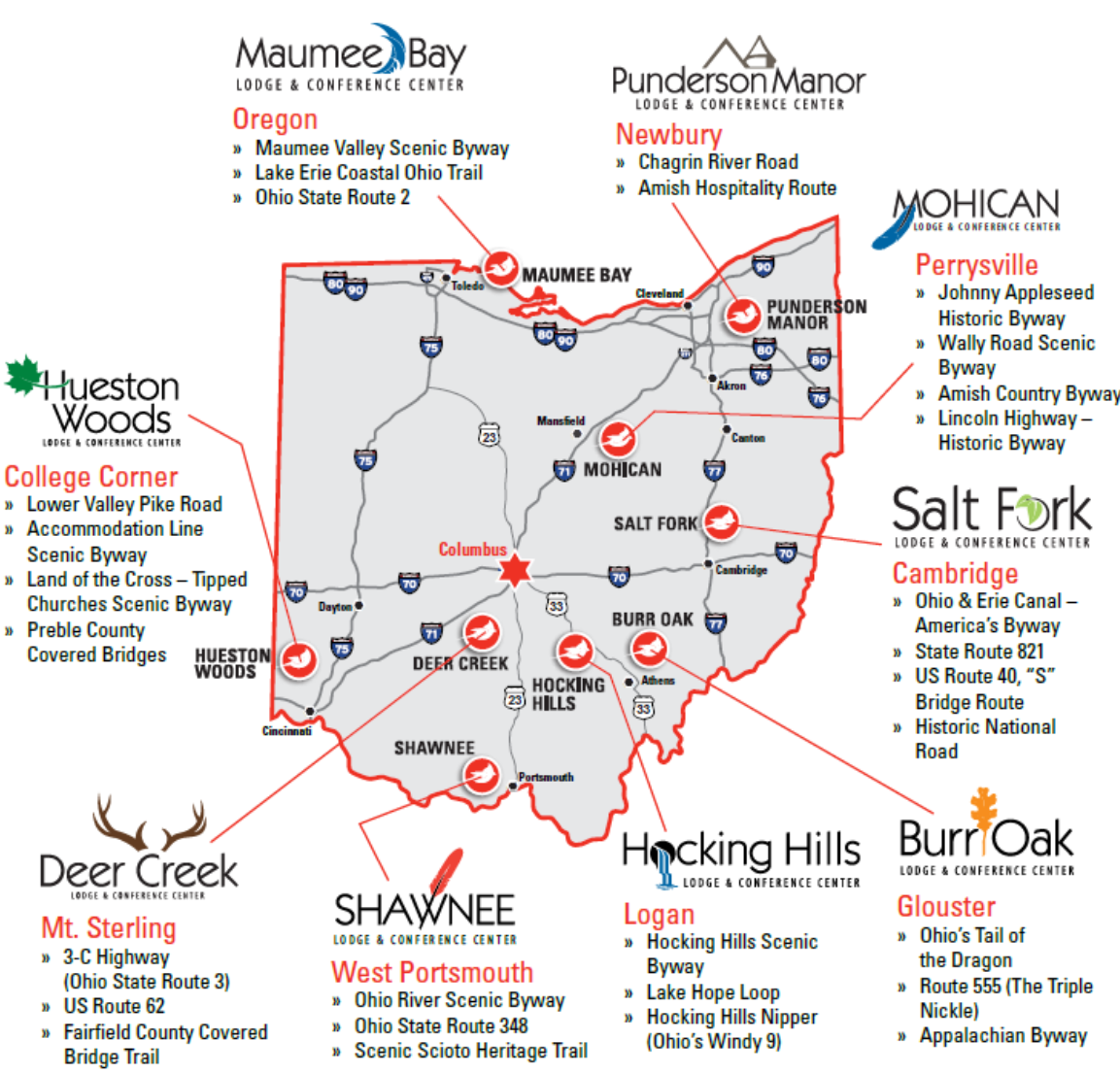 Map of Ohio showing locations of state lodges and surrounding scenic byways. Circles indicate sites like Maumee Bay, Punderson Manor, Mohican, Hueston Woods, Deer Creek, Shawnee, Hocking Hills, Burr Oak, and Salt Fork.